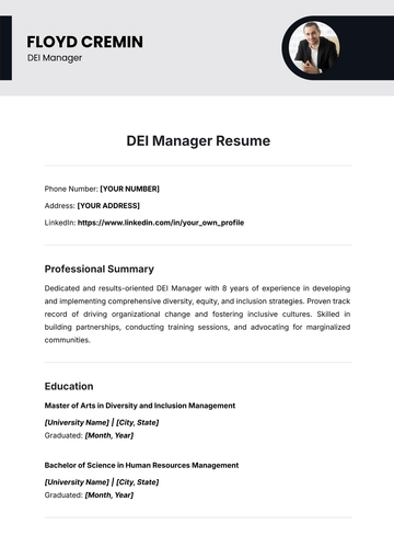 Free DEI Manager Resume Template to Edit Online