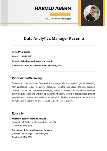 Free Data Analytics Manager Resume Template to Edit Online