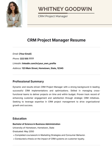 Free CRM Project Manager Resume Template to Edit Online