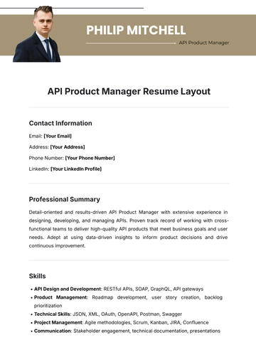 Free API Product Manager Resume Layout Template to Edit Online