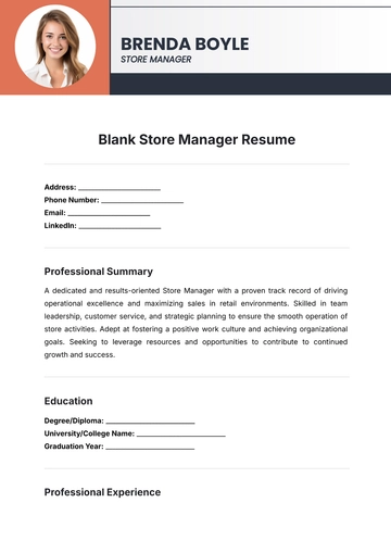 Free Blank Store Manager Resume Template to Edit Online