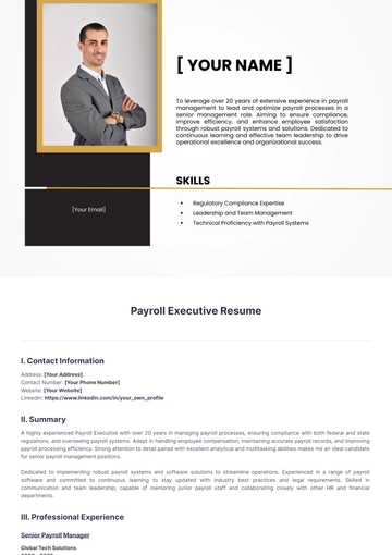 Free Payroll Executive Resume to Edit Online