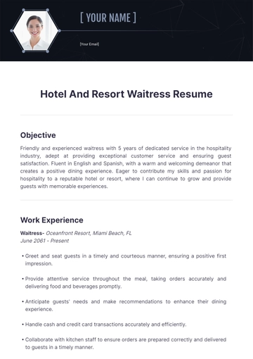 Free Hotel And Resort Waitress Resume to Edit Online