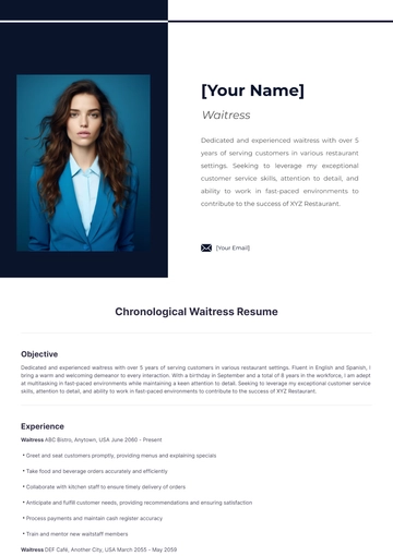 Free Chronological Waitress Resume to Edit Online