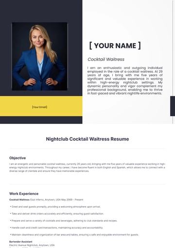 Free Nightclub Cocktail Waitress Resume to Edit Online