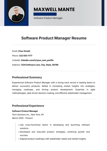 Free Software Product Manager Resume Template to Edit Online