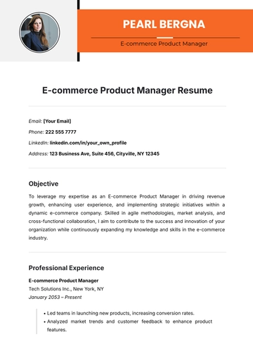 Free Ecommerce Product Manager Resume Template to Edit Online