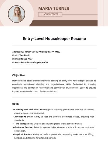 Free Entry-Level Housekeeper Resume Template to Edit Online