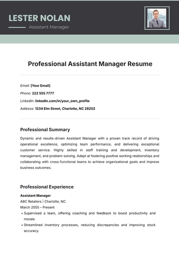 Free Professional Assistant Manager Resume Template to Edit Online