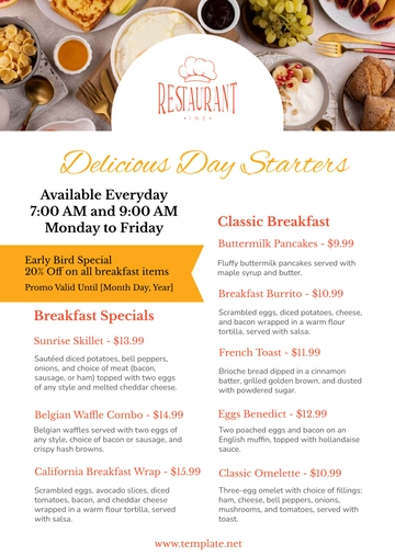 Free Restaurant Morning Breakfast Menu Template to Edit Online