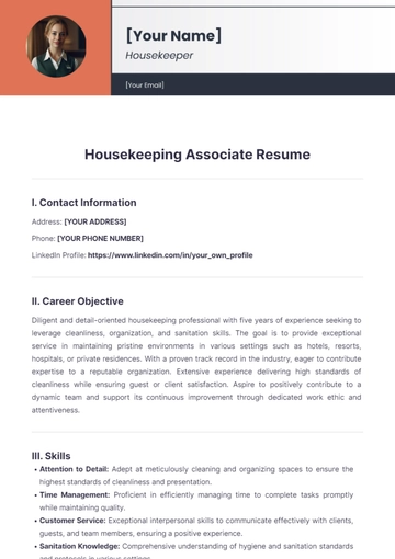 Free Housekeeping Associate Resume to Edit Online