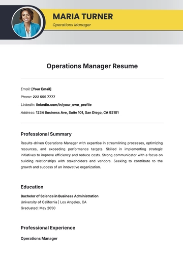 Free Operations Manager Resume Template to Edit Online
