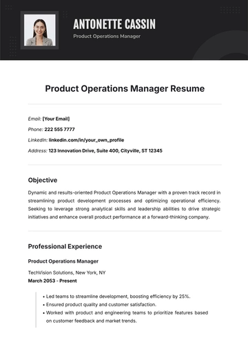 Free Product Operations Manager Resume Template to Edit Online