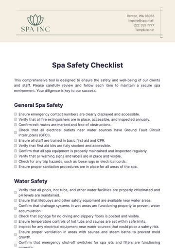 Free Spa Safety Checklist Template to Edit Online