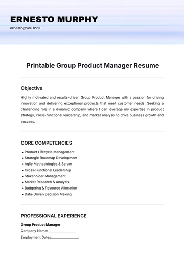 Free Printable Group Product Manager Resume Template to Edit Online