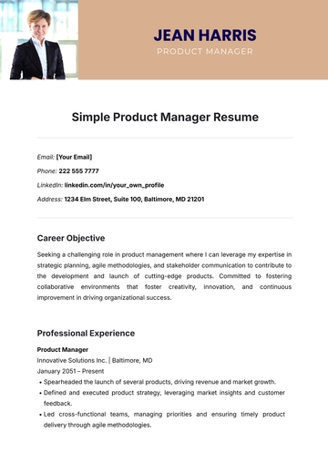 Free Simple Product Manager Resume Template to Edit Online