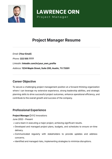 Free Project Manager Resume Template to Edit Online