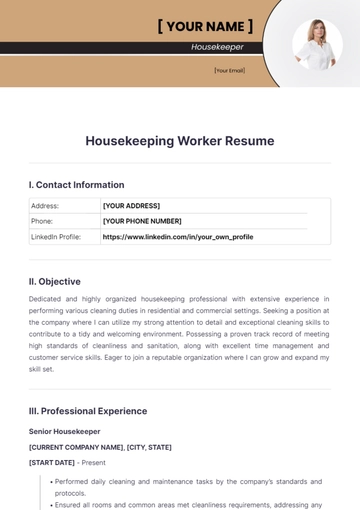 Free Housekeeping Worker Resume to Edit Online