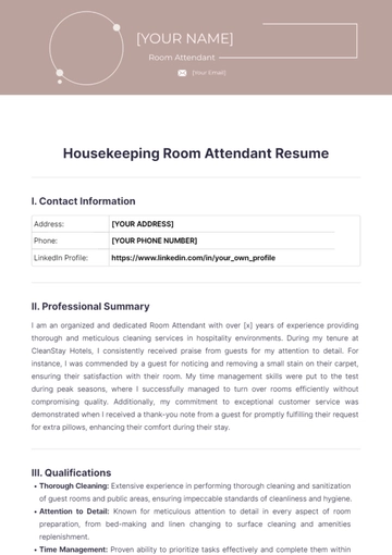 Free Housekeeping Room Attendant Resume to Edit Online