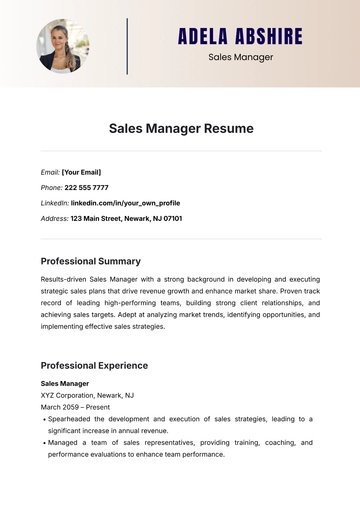 Free Sales Manager Resume Template to Edit Online