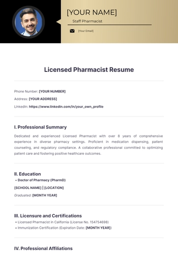 Free Licensed Pharmacist Resume to Edit Online