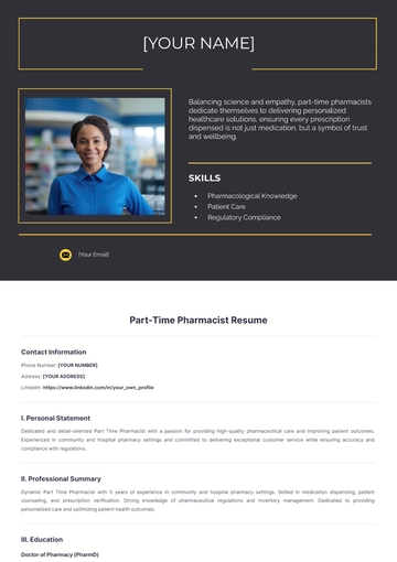 Free Part Time Pharmacist Resume to Edit Online