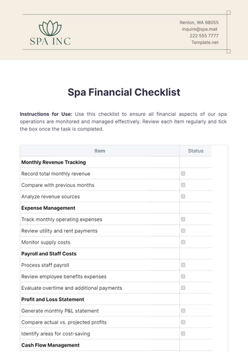 Free Spa Financial Checklist Template to Edit Online