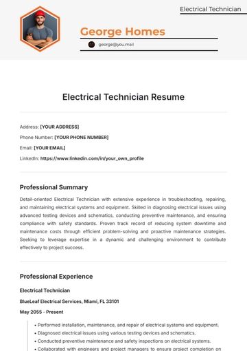 Free Electrical Technician Resume Template to Edit Online