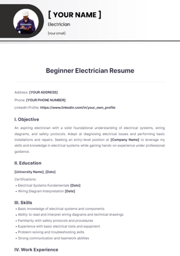 Free Beginner Electrician Resume to Edit Online