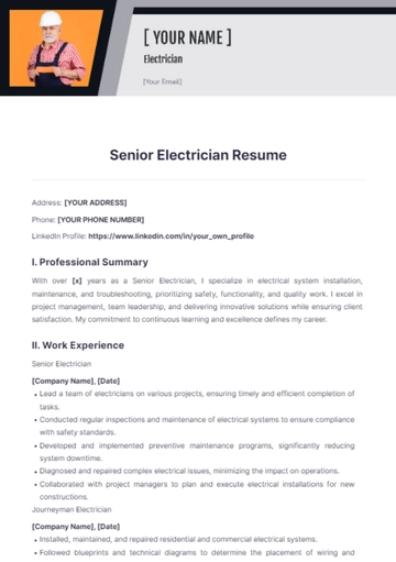 Free Senior Electrician Resume to Edit Online