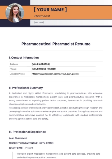 Free Pharmaceutical Pharmacist Resume to Edit Online