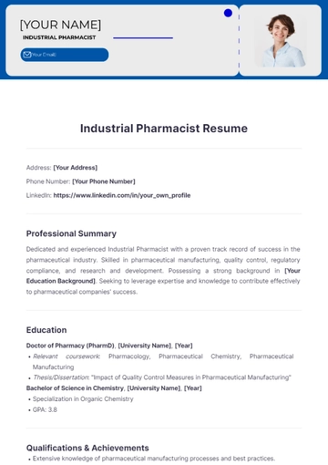 Free Industrial Pharmacist Resume to Edit Online