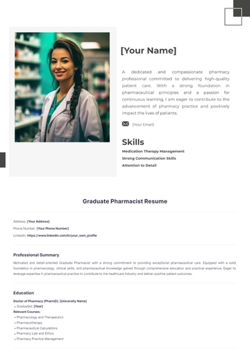 Free Graduate Pharmacist Resume to Edit Online
