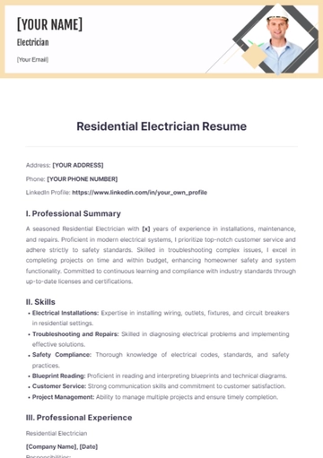 Free Residential Electrician Resume to Edit Online