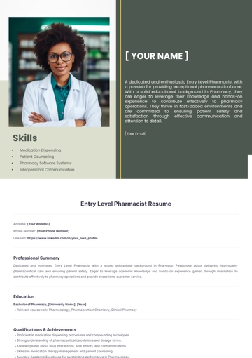 Free Entry Level Pharmacist Resume to Edit Online