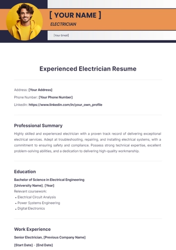 Free Experienced Electrician Resume to Edit Online