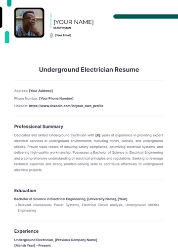 Free Underground Electrician Resume to Edit Online