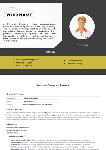Free Personal Caregiver Resume to Edit Online