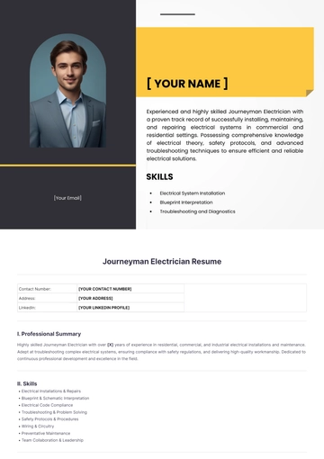 Free Journeyman Electrician Resume to Edit Online