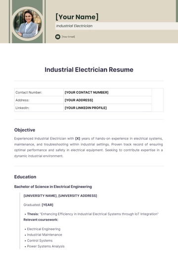 Free Industrial Electrician Resume to Edit Online