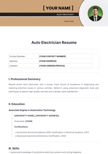 Free Auto Electrician Resume to Edit Online