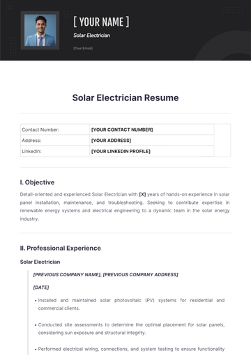 Free Solar Electrician Resume to Edit Online
