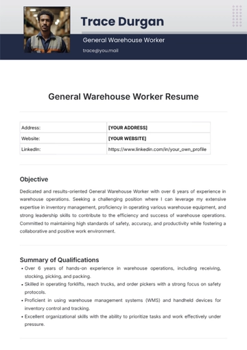 Free General Warehouse Worker Resume Template to Edit Online