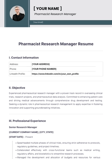 Free Pharmacist Research Manager Resume to Edit Online