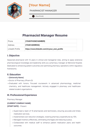Free Pharmacist Manager Resume to Edit Online