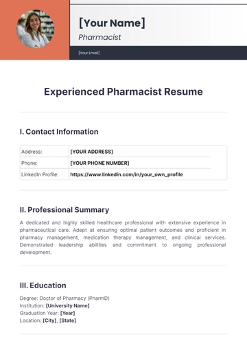 Free Experienced Pharmacist Resume to Edit Online