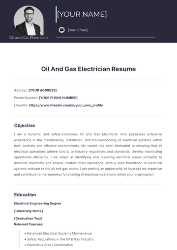 Free Oil And Gas Electrician Resume to Edit Online