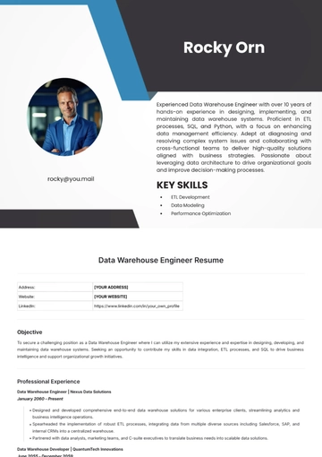 Free Data Warehouse Engineer Resume Template to Edit Online