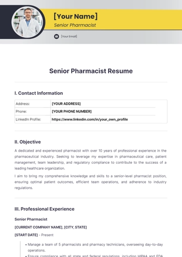 Free Senior Pharmacist Resume to Edit Online
