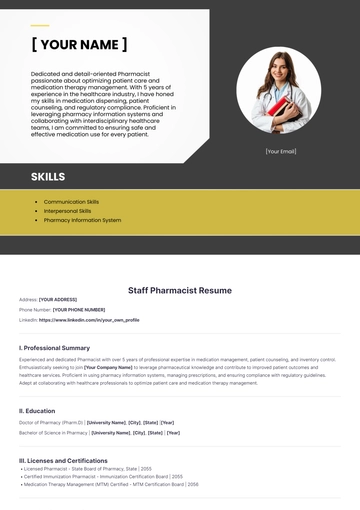 Free Staff Pharmacist Resume to Edit Online